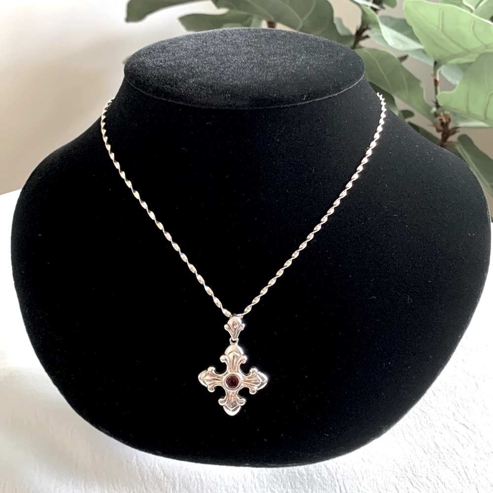 Beautiful Silver Garnet Cross stamped 925 & Thailand, chain stamped 925/ Italy